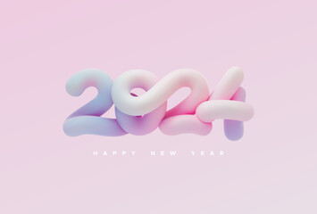 Happy New 2024 Year. Vector holiday illustration. 3d lettering of 2024 inflate numbers. Abstract iridescent pastel element for New Year or Christmas party banner design. - 637046344