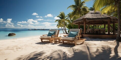 AI Generated. AI Generative. Romantic love valentine vacation relaxing two chairs sitting at sea ocean beach sand adventure. Tropical paradise background outdoor landscape.