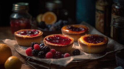 Baked cheesecakes with fruit jam. - obrazy, fototapety, plakaty