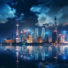 Night Cityscape of Shanghai, China city skyline on the Huangpu River