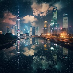 Night Cityscape of Shanghai, China city skyline on the Huangpu River