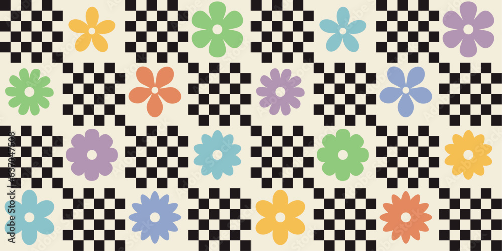 Aufkleber The flowers alternate with a checkered pattern. A simple and stylish pattern of colored petals and checkerboard textures. For print, background, wallpaper, seamless surface.