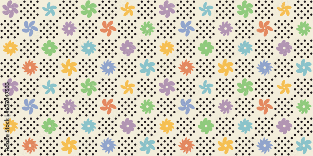 Poster Swirling colored flowers alternate with polka dots. Vector checkerboard stylish pattern. For print, background, wallpaper, seamless surface.