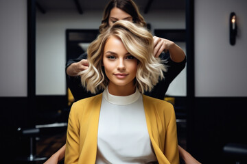 Woman Client Getting Hair Cut and coiffure in Salon. Expert Hairdresser and Stylist Transformation. Fresh haircut with Professional barbershop. - obrazy, fototapety, plakaty
