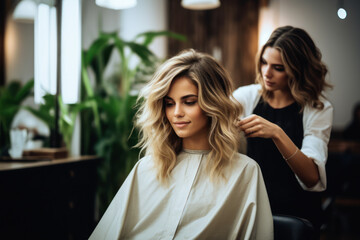 Woman Client Getting Hair Cut and coiffure in Salon. Expert Hairdresser and Stylist Transformation. Fresh haircut with Professional barbershop. - obrazy, fototapety, plakaty