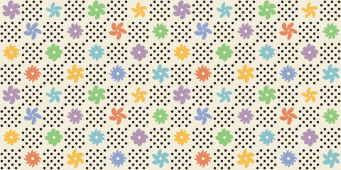 Swirling colored flowers alternate with polka dots. Vector checkerboard stylish pattern. For print, background, wallpaper, seamless surface. © Crashik