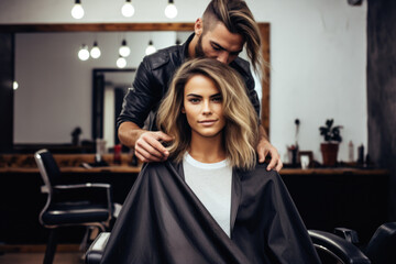 Woman Client Getting Hair Cut and coiffure in Salon. Expert Hairdresser and Stylist Transformation. Fresh haircut with Professional barbershop.