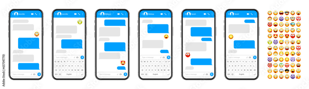 Wall mural smartphone messaging app, user interface design with emoji. sms text frame. chat screen with blue me