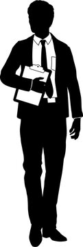 recommend clip art: Silhouette business person man in a smart suit and tie holding a clipboard.