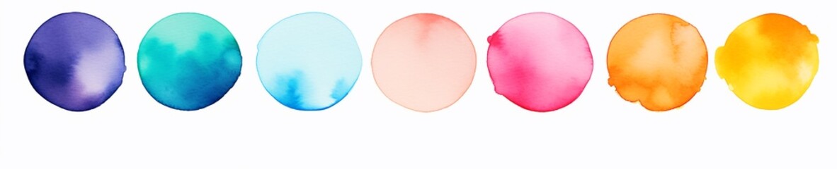 Rainbow watercolor circles line up on white, isolated, extra wide.