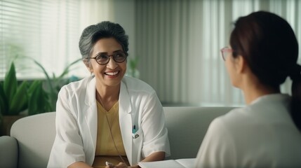 Smiling female doctor and senior patient are talking about therapy on gadget. Smiling female therapist and mature client use pad device discussing results in modern hospital.