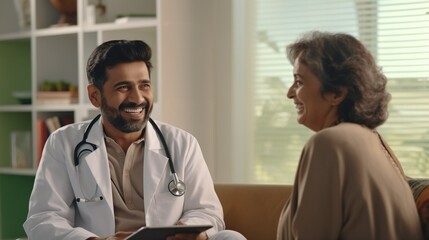Obraz premium Smiling male doctor and senior patient are talking about therapy on gadget. Smiling male therapist and mature client use pad device discussing results in modern hospital.