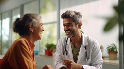 Smiling male doctor and senior patient are talking about therapy on gadget. Smiling male therapist and mature client use pad device discussing results in modern hospital.