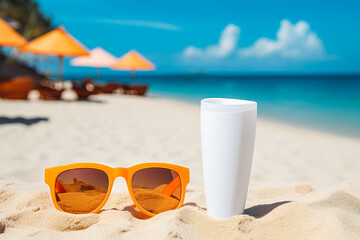 Sunscreen on sandy beach with sunglasses. Summer concept.