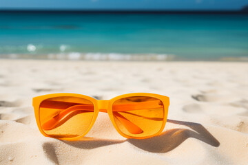 Fototapeta na wymiar Sunscreen on sandy beach with sunglasses. Summer concept.