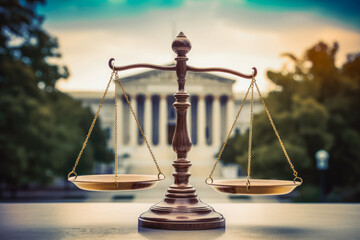 Scales of justice in front of court building. Justice and law concept. - obrazy, fototapety, plakaty