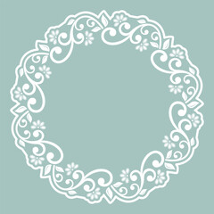 Oriental vector round light blue and white frame with arabesques and floral elements. Floral border with vintage pattern