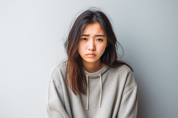 Unhappy anxiety concept. Young teenage asian woman looking upset and frustrated.