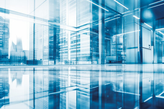 Modern business center in glass bottom up shot. Blue urban environment.