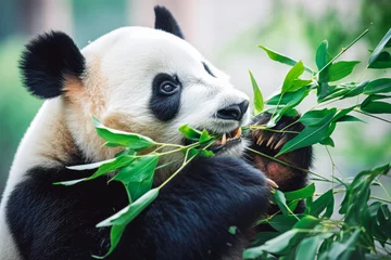 Poster Panda eating bamboo. Cute panda bear with bamboo looking at camera. © VisualProduction