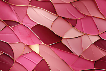 Abstraktes Netz-Muster aus 3D goldfarbenen Metall umrandet verschiedene Rosa Varianten als nahtlose Hintergrund-Textur. Farbmuster für Kosmetik. - 637048531