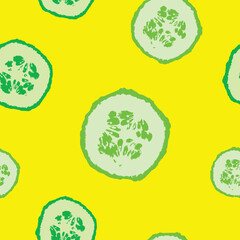 Slices of Cucumber pop art style Seamless pattern on yellow background