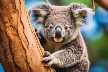 Foto op Plexiglas Koala bear on tree. Cute koala bear holding on to tree and looking at camera. © VisualProduction