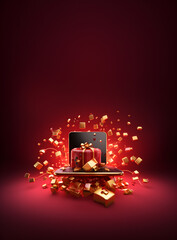 laptop sur un podium doré avec des rubans dorés et un cadeau rouge - jeu concours - obrazy, fototapety, plakaty