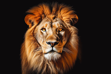 Obraz premium Lion king isolated on black background. Majestic lion on black background.