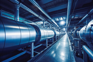 Fototapeta premium Interior of modern industrial boiler room. Large metal tanks in industrial boiler room