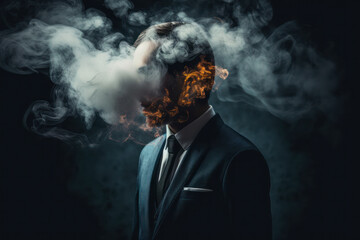 Smartly dressed businessman head is exploding with smoke and flames, concept of stress and anxiety.