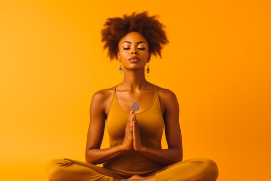 Black woman doing yoga. Confident calm african woman doing yoga on bright background.