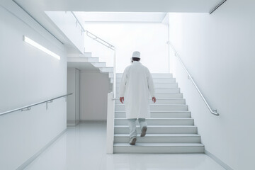 Fototapeta premium Doctor moving down from staircase in hospital. All white clean hospital environment.
