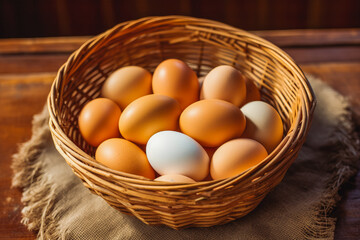 Free range chicken eggs in wicker basket farm fresh. Healthy natural lifestyle.