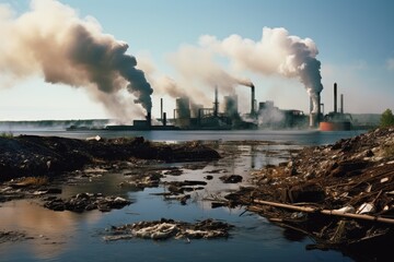 River polluted by trash and plastics with a giant factory producing smoke and damaging the environment in the background