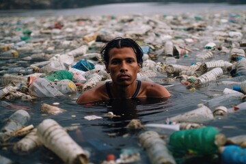 Sad young man sitting in a river polluted with trash and plastics