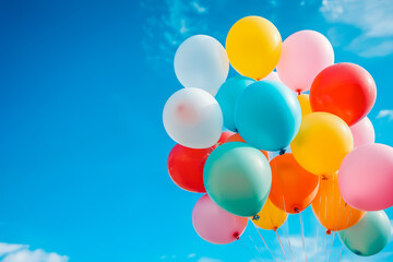 Colorful balloons floating on blue sky background. Happy birthday or celebration balloons.