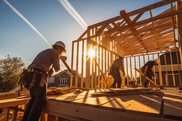 Fototapeta premium Carpenters finish off the wooden beam structure of house. Professional carpenters doing their job.