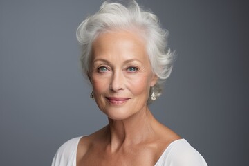 Smiling beauty portrait of a senior caucasian woman smiling in a studio with a gray background