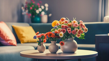 a table with three vases of flowers on it, Generative AI