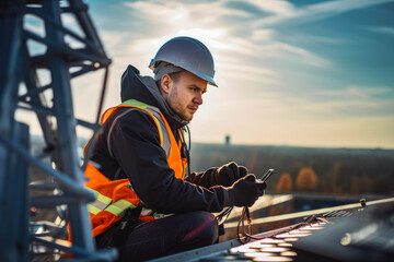 A technician perched on a 5G telecommunications tower fixing an issue. Sunrise or sunset.