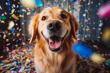 A super happy dog on it's birthday surrounded by confetti. Happy dog jumping.