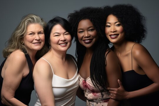 Beauty Portrait Of A Diverse Group Of Middle Aged Women Supporting Body Positivity