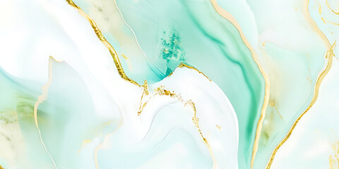 Fototapeta premium Abstract watercolor paint background illustration - Soft pastel green aquamarine color and golden lines, with liquid fluid marbled paper texture banner texture.
