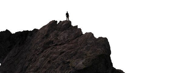 Adventure Hiker Standing on top of Rocky Mountain Cliff. Adventurous Composite. PNG Cutout