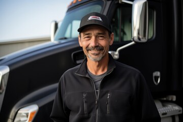 Portrait of a middle aged trucker smiling and standing by his truck in the US
