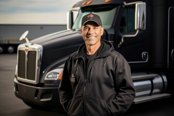Fototapeta na wymiar Portrait of a middle aged trucker smiling and standing by his truck in the US