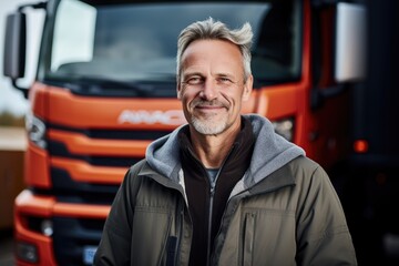 Fototapeta na wymiar Portrait of a middle aged caucasian trucker standing by his truck and smiling
