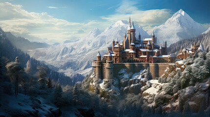 Beautiful epic snowy castle on a frozen lake, fantasy snow scenery, landscape photography, illustration