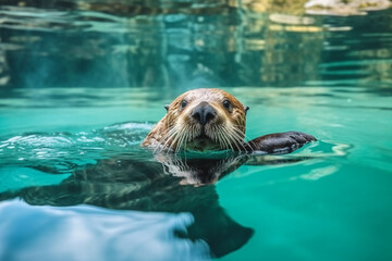 Fototapeta premium Close up of sea otter swimming